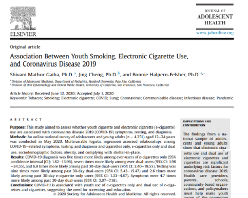 ارتباط بین سیگار کشیدن جوانان، استفاده از سیگار الکترونیکی و بیماری کووید-۱۹