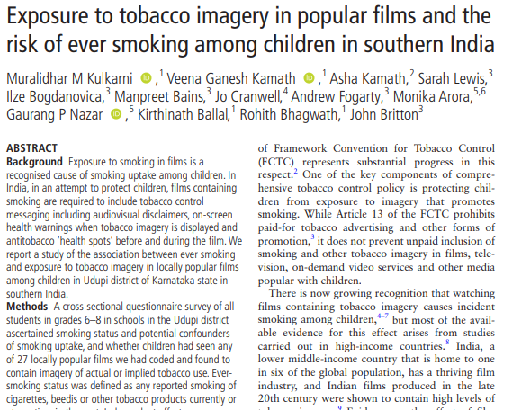 قرار گرفتن در معرض تصاویر دخانیات در فیلم‌های مشهور و خطر سیگار کشیدن در میان کودکان در جنوب هند